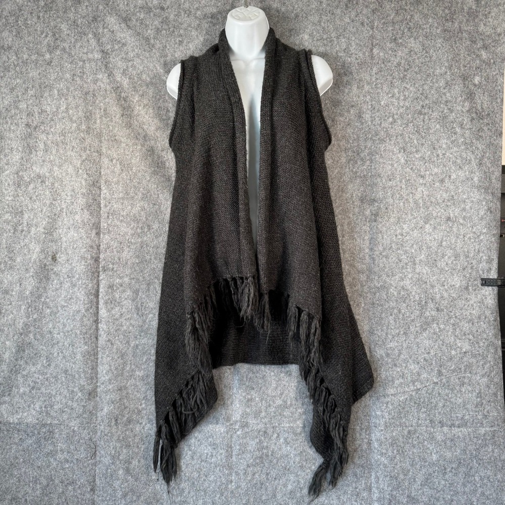 Democracy Alpaca Wool Fringe Cardigan Sweater Vest‎ Womens Medium Gray Cabincore